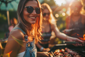 Friends grilling kebabs at a summer picnic