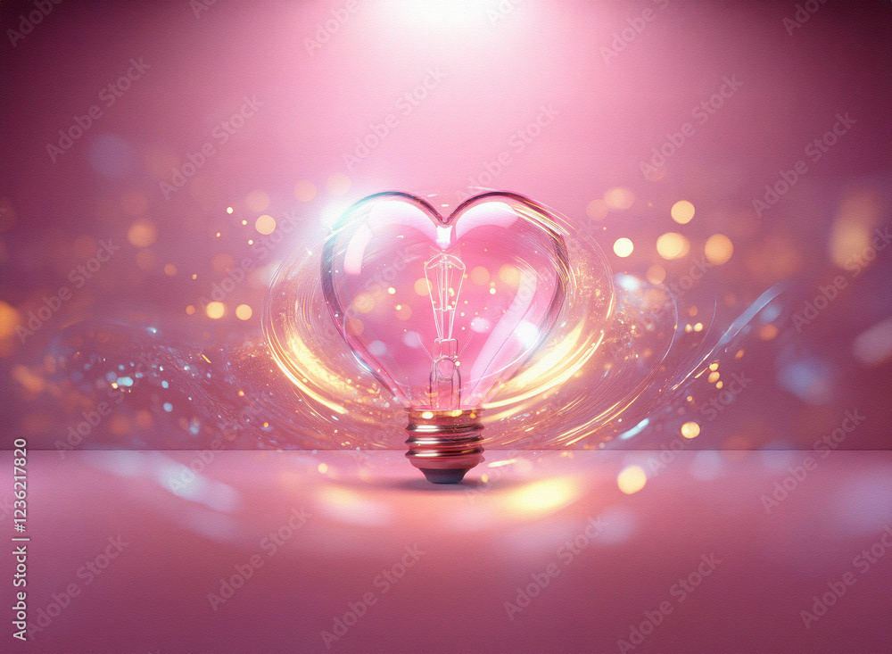 Poster abstract double exposure image of a heart-shaped lightbulb, glowing with inner light, set against a 