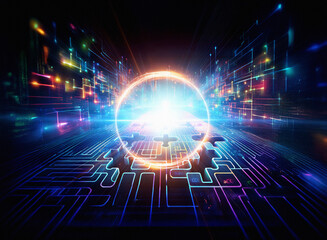 Abstract sci-fi double exposure image. Glowing circle at center of a vibrant, technological background resembling a circuit board.  Lines of light create a futuristic, energetic scene.