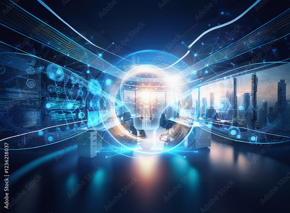 Poster abstract sci-fi double exposure image. futuristic cityscape background with glowing orb, digital con