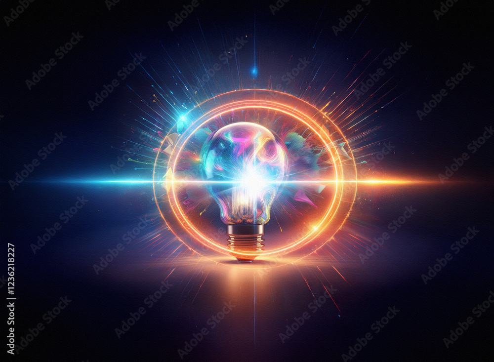 Poster abstract sci-fi double exposure image of a lightbulb, glowing with vibrant energy within a circular 