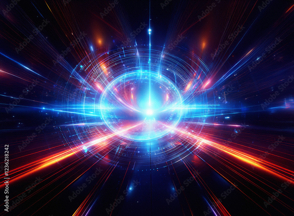Aufkleber abstract sci-fi double exposure background. vibrant streaks of red and blue light converge on a glow