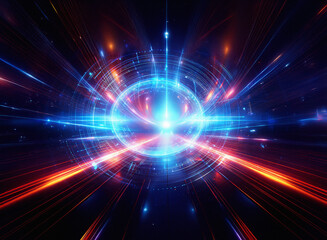Abstract sci-fi double exposure background. Vibrant streaks of red and blue light converge on a glowing central sphere, creating a futuristic, dynamic scene.