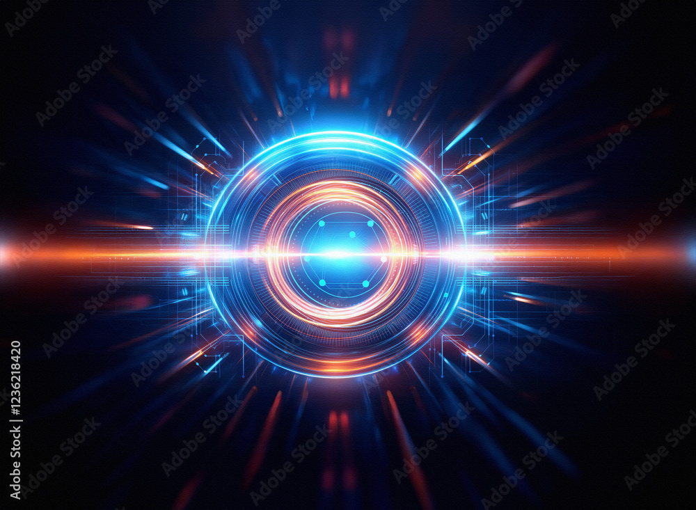 Poster abstract sci-fi double exposure background image featuring a glowing circular device with radiating 