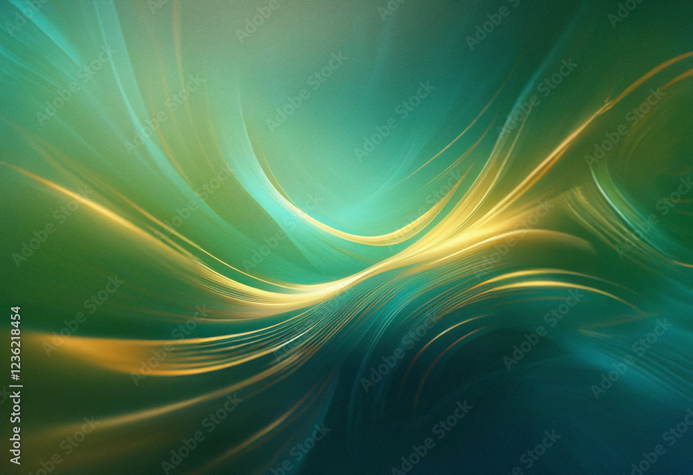 Poster abstract sci-fi background featuring a double exposure effect. swirling, luminous teal and gold line