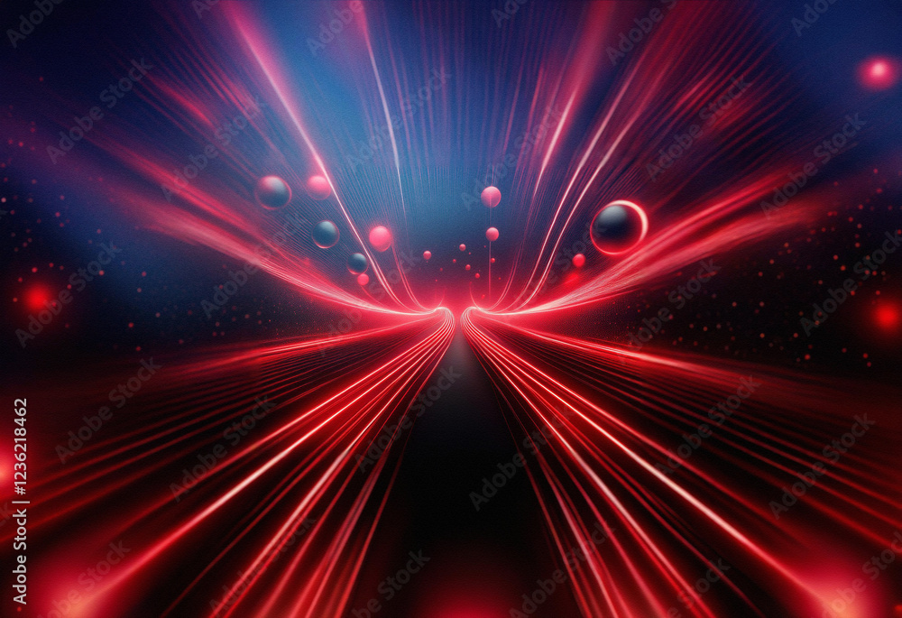 Poster Abstract sci-fi double exposure image. Glowing red lines converge on a dark background, resembling a road or tunnel through space, with floating spheres.