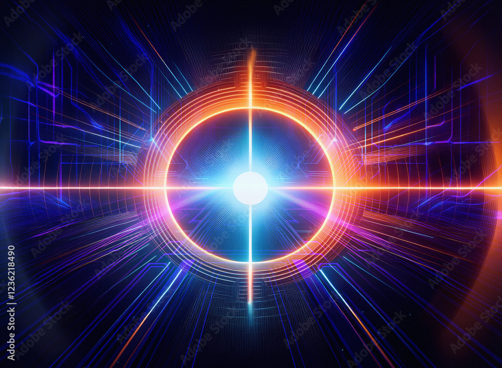 Poster Abstract sci-fi double exposure background. Glowing neon circle with intersecting lines creates a futuristic, energetic portal effect.