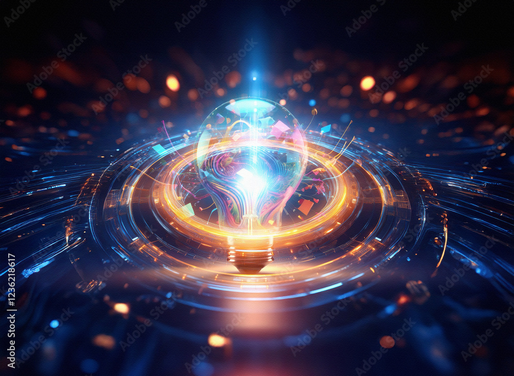 Aufkleber abstract sci-fi double exposure image of a glowing lightbulb on a futuristic background. the bulb's 