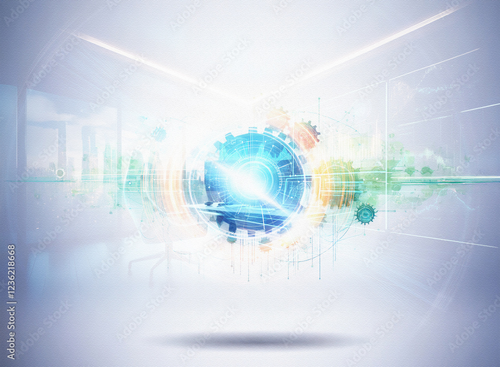 Poster Abstract sci-fi double exposure image.  A glowing, technological orb of gears and data streams against a bright, futuristic background.