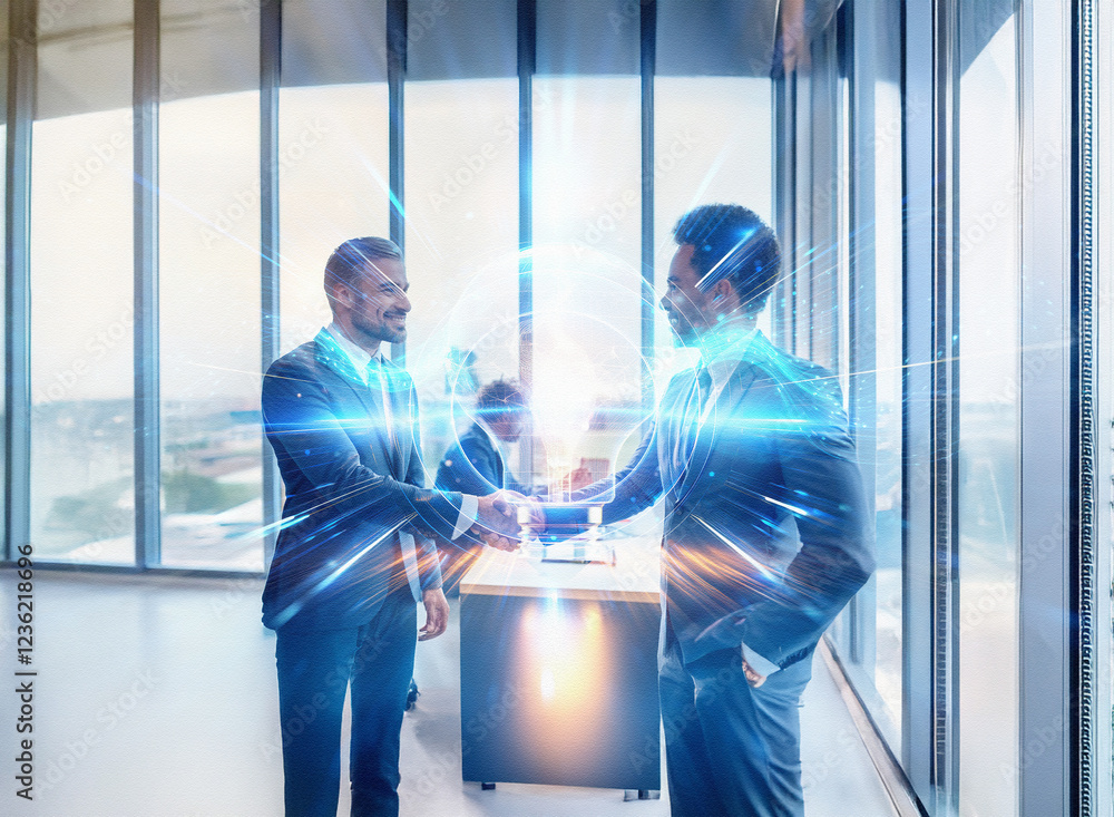 Poster Abstract sci-fi double exposure image of two businessmen shaking hands in a modern office, with glowing light effects suggesting a powerful connection and global collaboration.  Background features a 