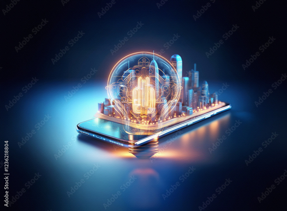 Poster abstract sci-fi double exposure image of a futuristic city rising from a smartphone, set against a d