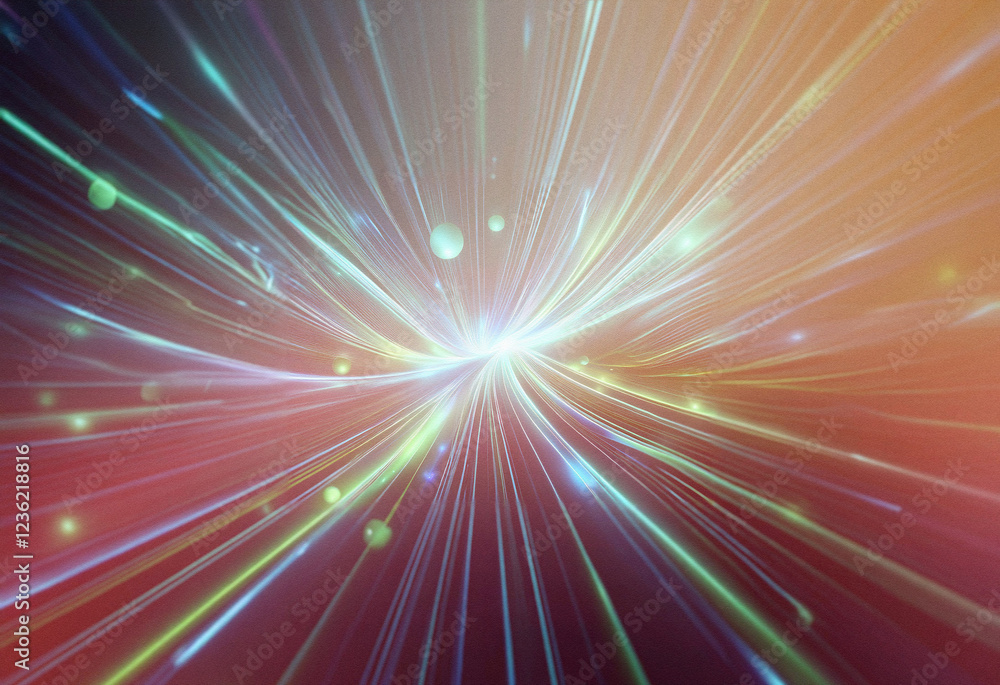 Poster Abstract sci-fi background featuring a double exposure effect.  Vibrant light streaks radiate from a central point, creating a dynamic, energetic feel.  Glowing particles add depth.