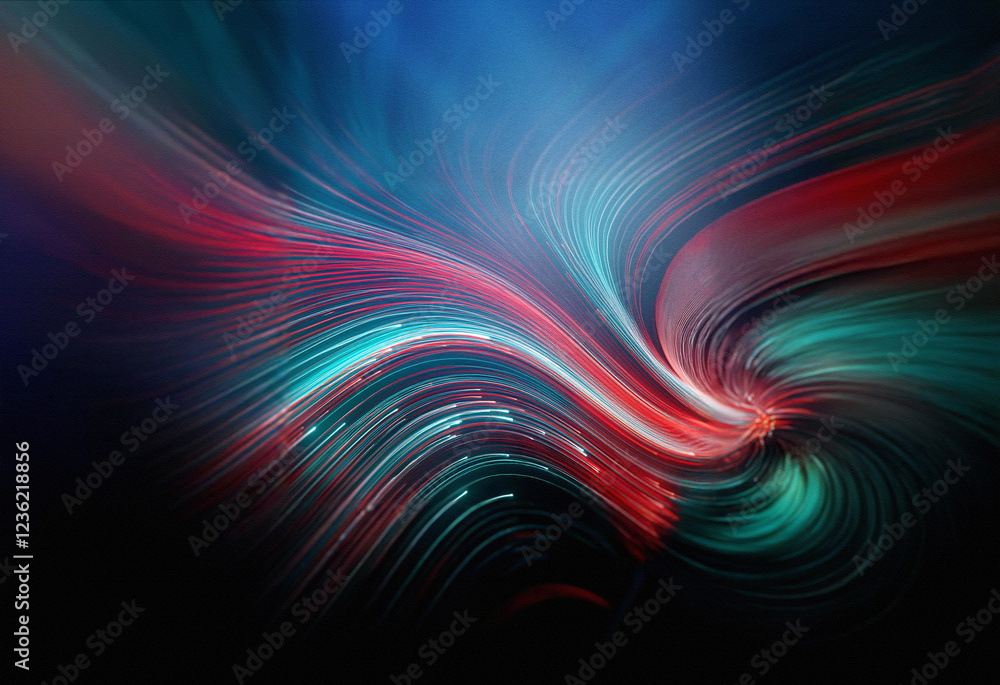 Poster abstract swirling artwork with vibrant red, blue, and teal hues creating a dynamic, energetic compos