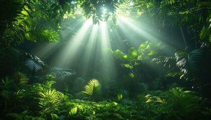 Obraz premium Sunbeams illuminate lush tropical jungle undergrowth