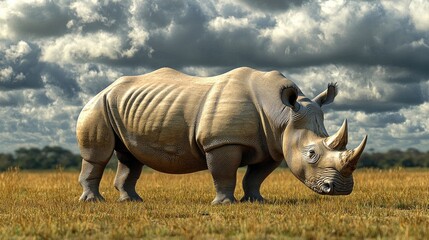 Fototapeta premium White rhinoceros standing in grassy savanna under cloudy sky