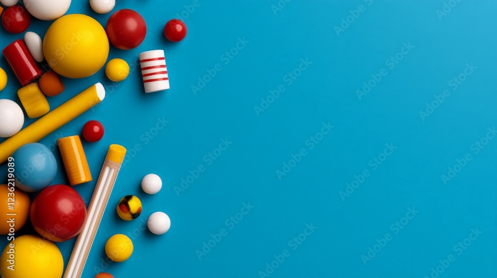 Poster bright and playful background: a vibrant, playful scattering of colorful geometric shapes and candy-