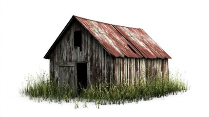 Obraz premium An aged, dilapidated old barn with cracked wood and a faded roof, surrounded by overgrown grass.
