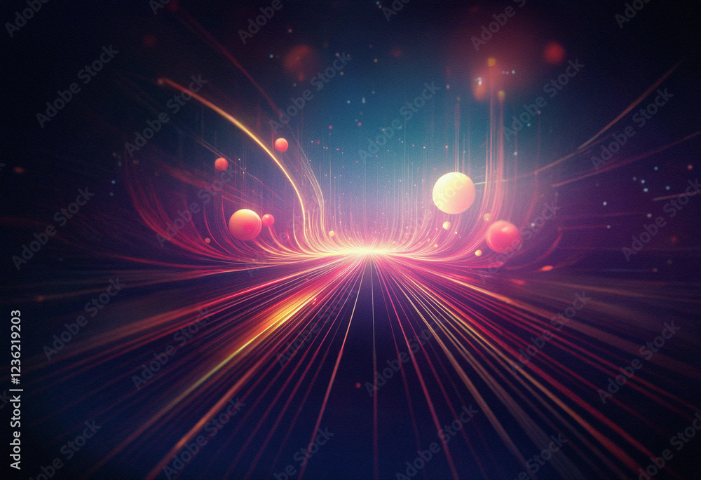 Poster abstract sci-fi double exposure artwork. glowing lines converge on a horizon, creating a futuristic 