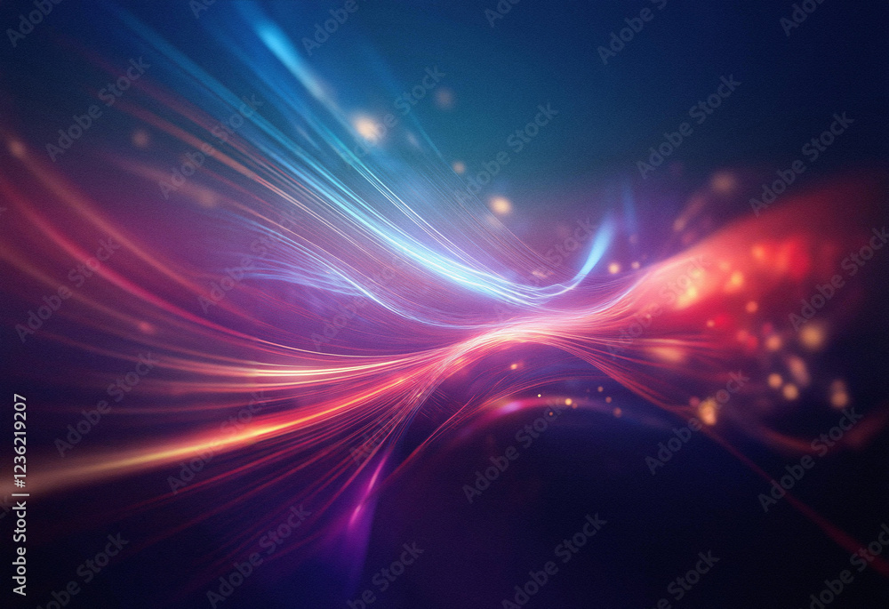 Poster Abstract sci-fi background featuring a double exposure effect. Glowing, vibrant light streaks and particles swirl across a dark backdrop, creating a dynamic and energetic scene.