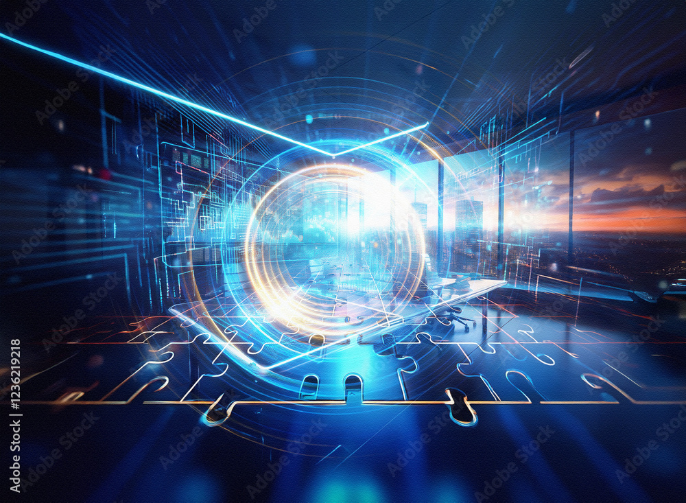Poster Abstract sci-fi double exposure image. Futuristic cityscape blends with technological interface, creating a surreal, glowing background of interconnected puzzle pieces.