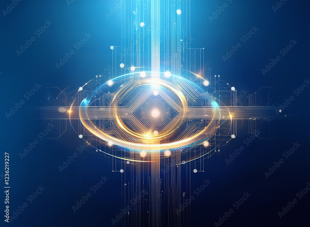 Poster abstract sci-fi double exposure image. glowing golden rings and blue lines create a futuristic eye-l