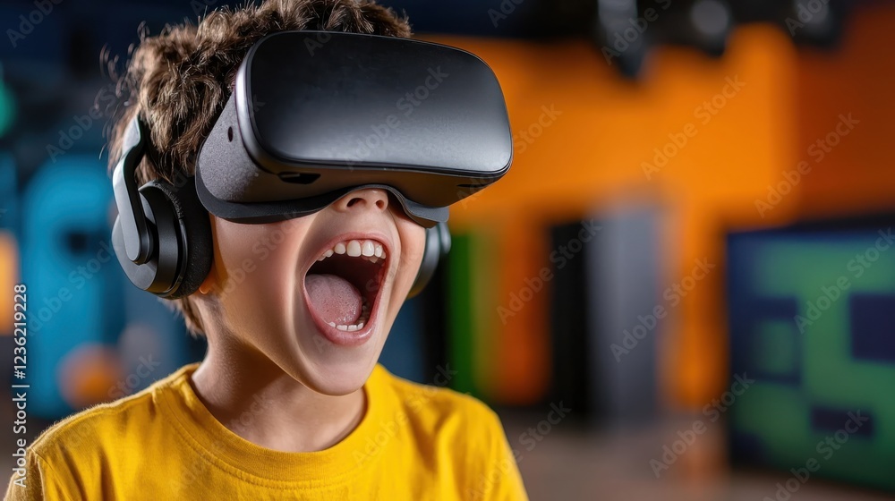 Poster excited and fascinated student wearing a virtual reality headset exploring and navigating through an