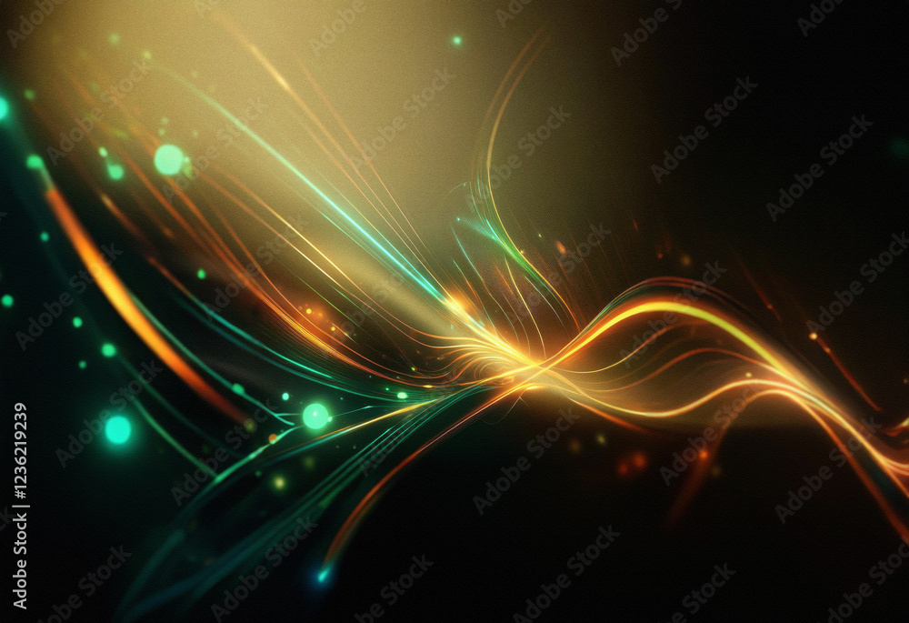 Poster abstract sci-fi background featuring a double exposure effect. glowing, swirling lines of teal, gold