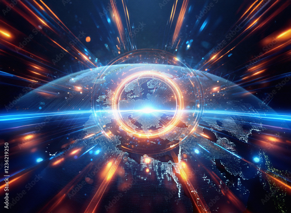 Poster abstract sci-fi double exposure image depicting a glowing earth encircled by vibrant energy streams 