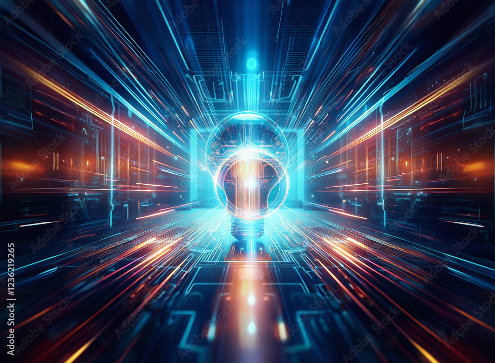 Poster abstract sci-fi double exposure image. glowing lightbulb at center of a futuristic, energy-filled ba