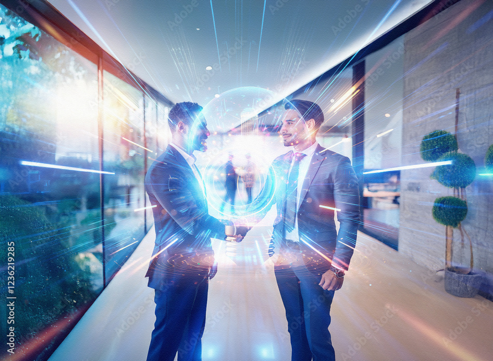 Poster abstract sci-fi double exposure image of two businessmen shaking hands, surrounded by futuristic lig