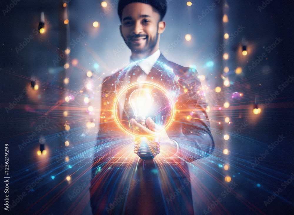 Poster abstract sci-fi double exposure image. a smiling man in a suit holds a glowing lightbulb, surrounded
