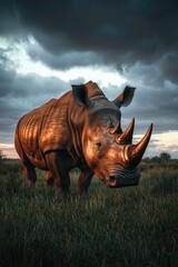 Fototapeta premium Majestic Rhino Stands in Grassland Under Dramatic Sky