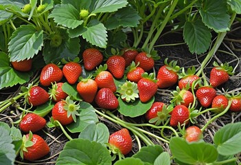 Ripe Remontant Strawberries in a Lush Garden with Copy Space
