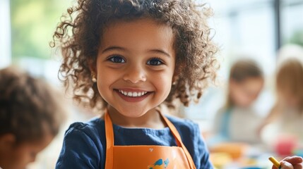 Smiling child in an art class wearing an apron, engaging in creative activities with peers, fostering imagination and learning through hands-on play.
