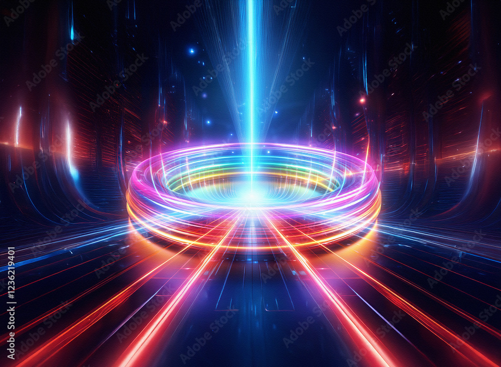 Poster abstract sci-fi double exposure background. glowing neon rings and streaks of light converge at a ce