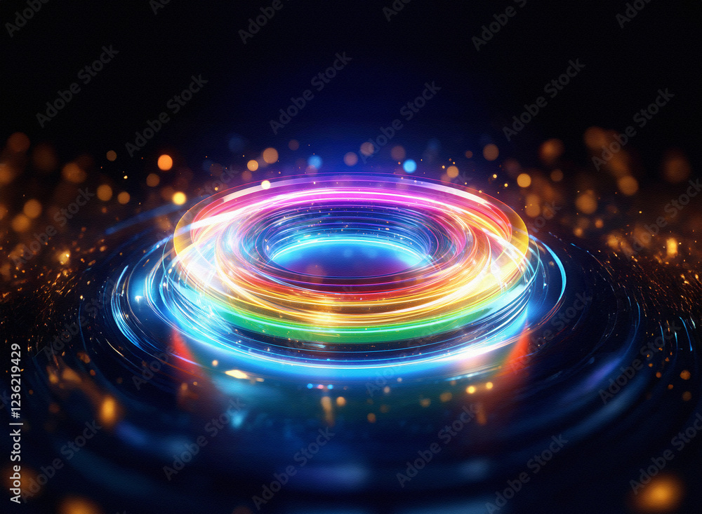 Poster abstract sci-fi double exposure image featuring vibrant, glowing rainbow rings on a dark background.