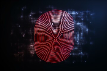 Red fingerprint glowing on dark background representing biometric scanning, cybersecurity, and personal identification
