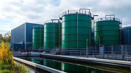 Obraz premium A large green tank is surrounded by a waterway. The tanks are green and are located near a building