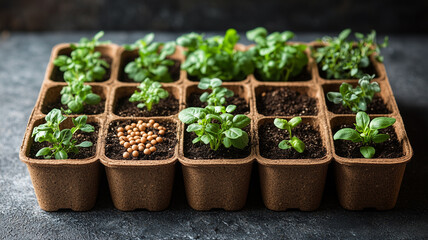 Growing herbs in biodegradable pots, showcasing vibrant green seedlings