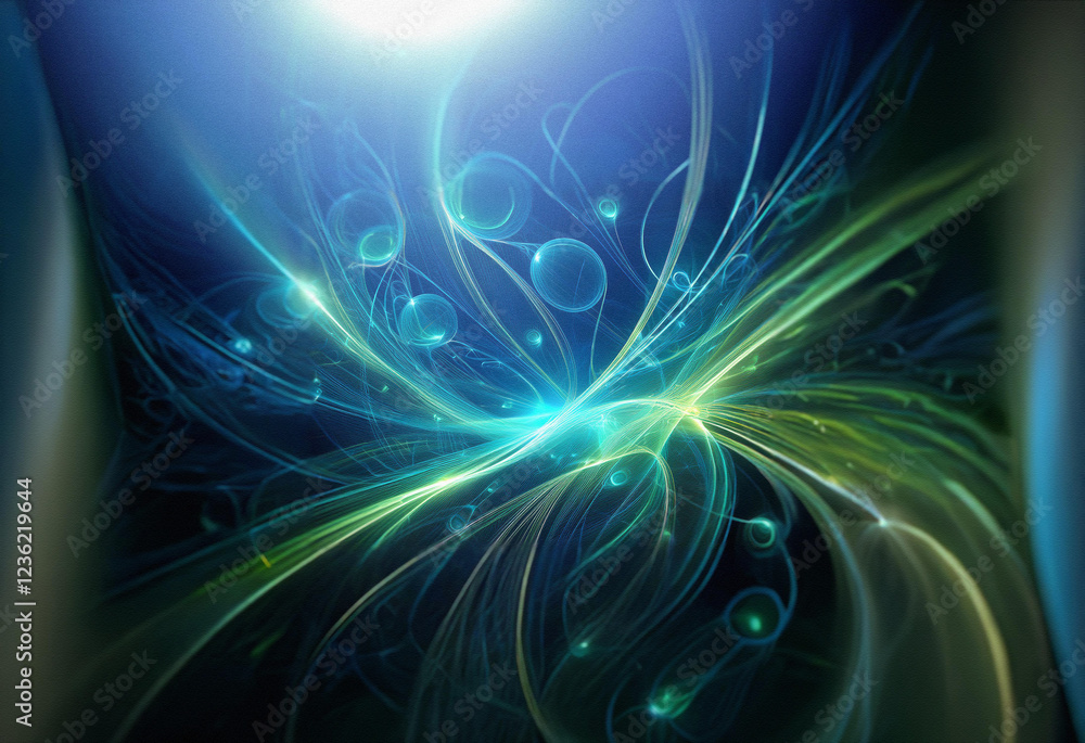 Poster abstract sci-fi double exposure background image. flowing, luminous lines and orbs create a surreal,