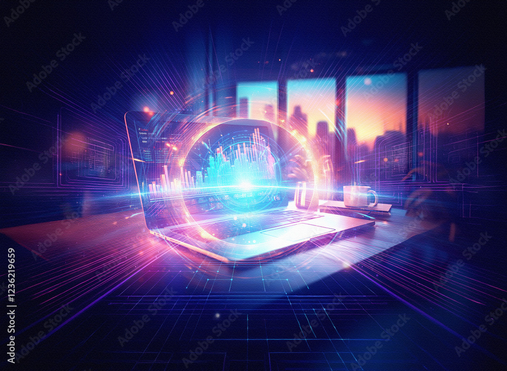 Fototapete abstract sci-fi double exposure image of a laptop displaying glowing data charts against a city back