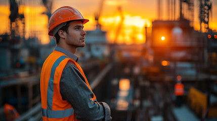 Construction Engineer in Safety Gear Observing Building at Construction Site industrial worker cranes infrastructure project development architecture engineering teamwork progress management
