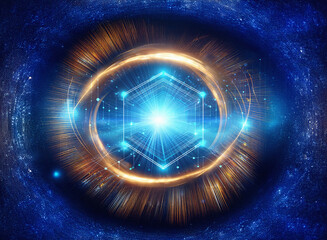 Obraz premium Abstract sci-fi double exposure artwork. Glowing hexagons radiate light within a cosmic eye, set against a vibrant nebula background.