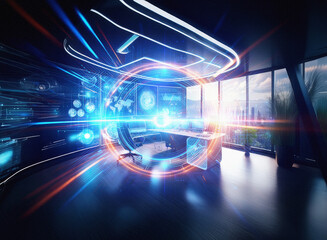 Abstract sci-fi double exposure image depicting a futuristic office space with glowing interfaces and a dynamic background.  The scene is filled with vibrant light streaks and holographic displays.