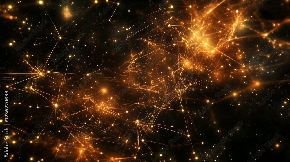 Poster abstract golden network of glowing dots connected by lines on a dark background