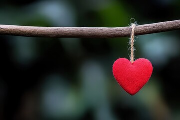Red heart ornament hanging from a stick on a blurry background, used for love theme.