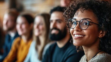 Obraz premium Smiling woman at conference with attentive audience in background, engaged in discussion and learning in a modern seminar setting focused on personal growth.