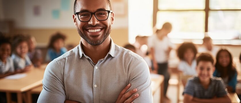 Smiling teacher in classroom with engaged students, promoting learning environment, educational success, and inspiring future generations in school setting.