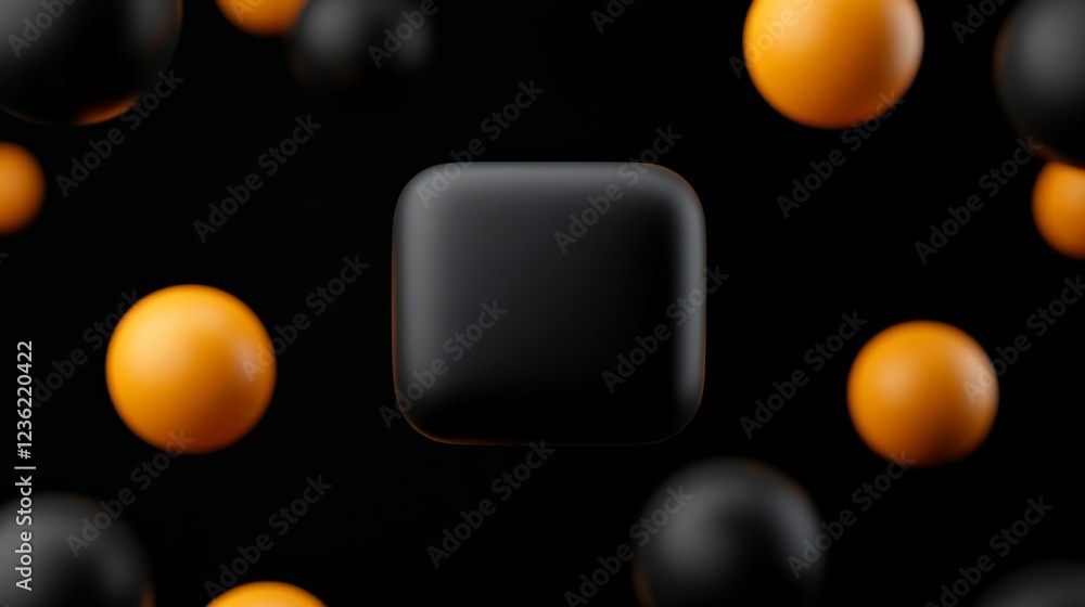 Poster black square with orange spheres: abstract 3d rendering of a sleek black square floating amidst a dy