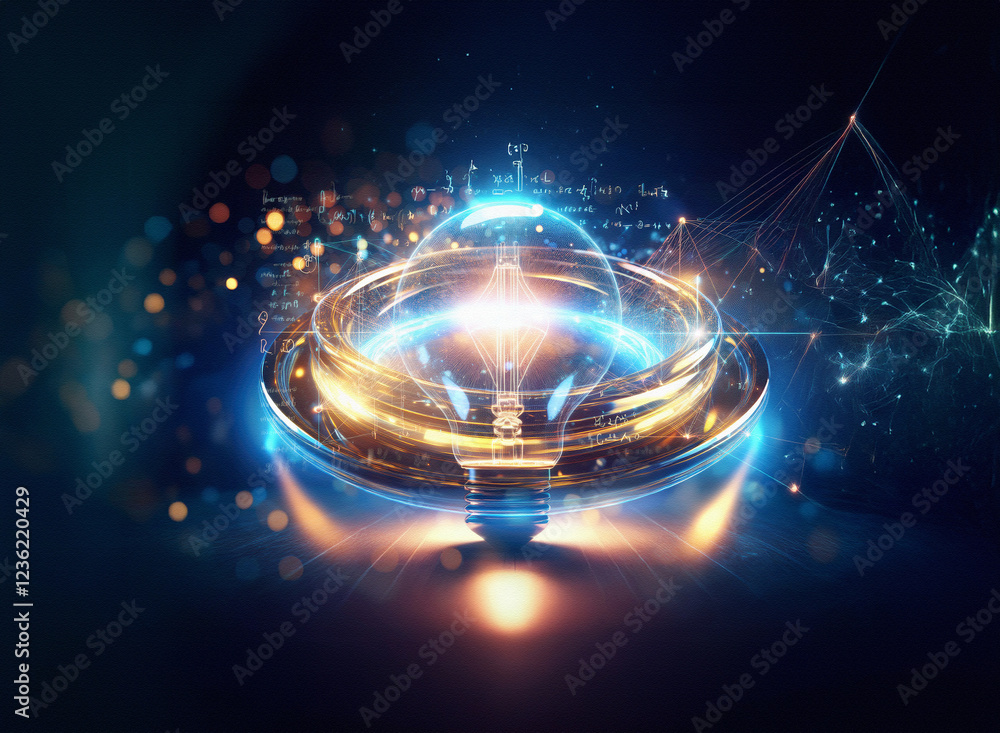 Poster Abstract sci-fi double exposure image. Glowing orb with a lightbulb inside, surrounded by futuristic geometric patterns against a dark background.